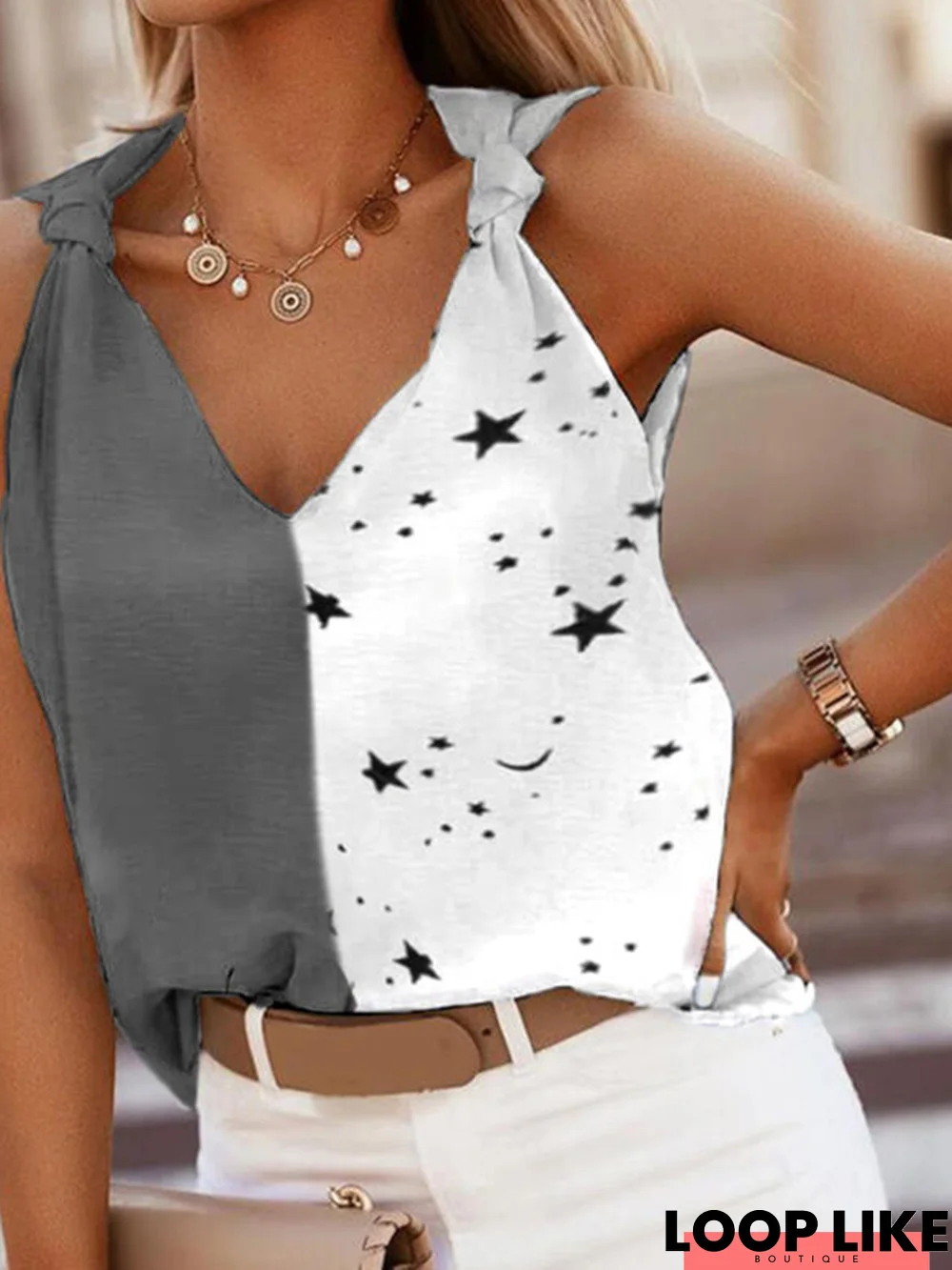 V Neck Sleeveless Printed Casual Tanks & Camis