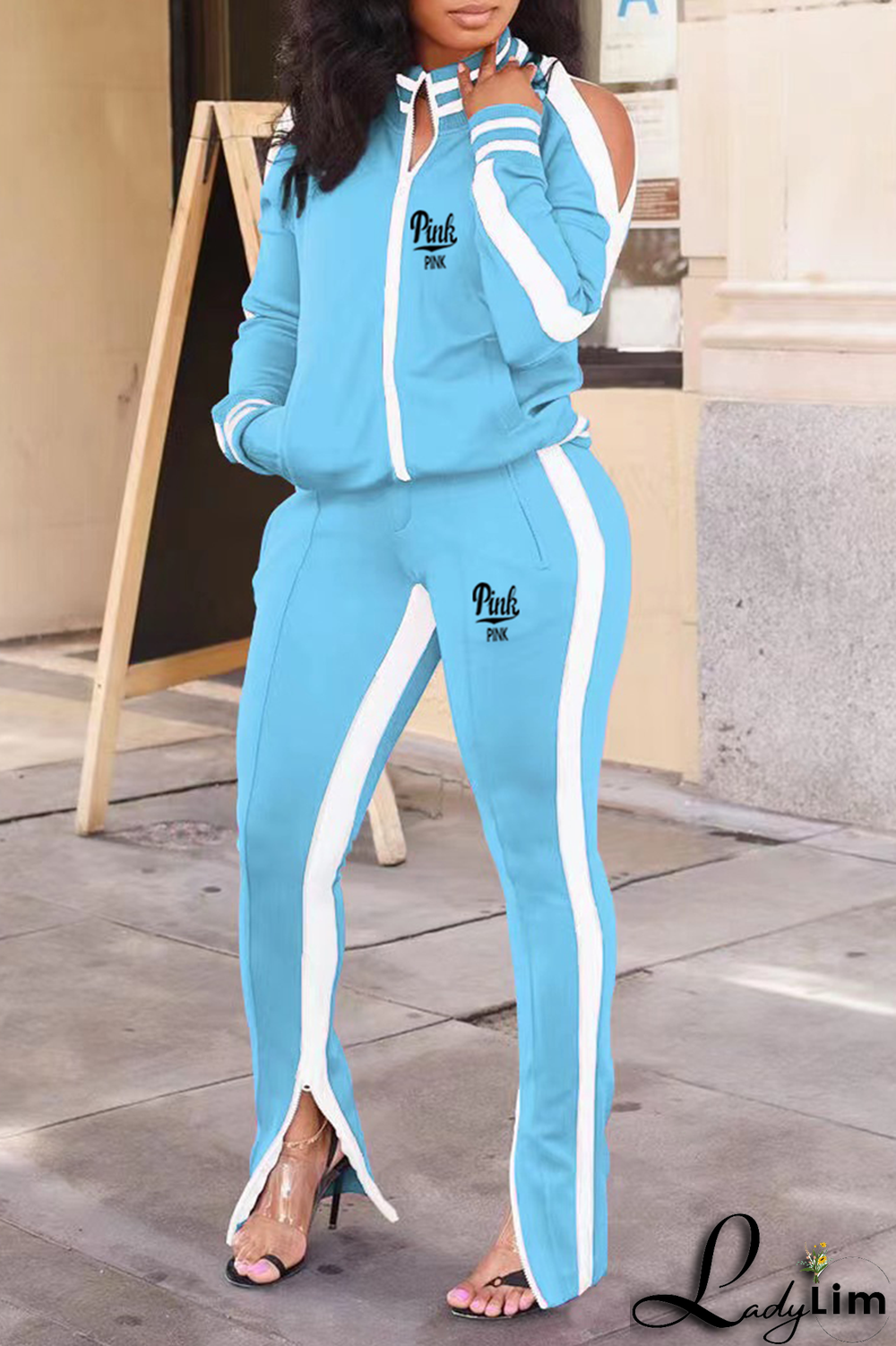 Black Yellow Casual Print Slit Zipper Collar Long Sleeve Two Pieces