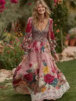Women's Vintage Floral Print V-neck Long Sleeve Maxi Dress