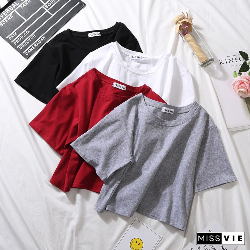 Summer Short Sleeve T Shirts Women Cotton Solid T-shirt O Neck High Waist Tee Female Casual Loose T Shirt