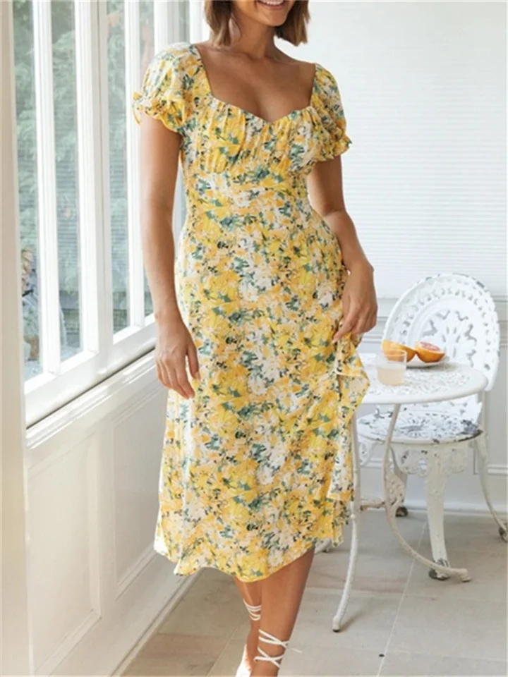 Sexy Slit Square Neck Flounce Printed Short Sleeve Long Dress