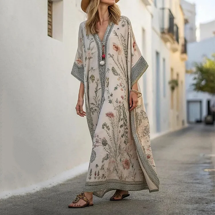 Utbros Long Sleeve Kaftan Linen Vacation Maxi Dress