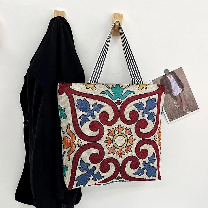 Women’s Medium Canvas Geometric Vacation Ethnic Style Zipper Canvas Bag