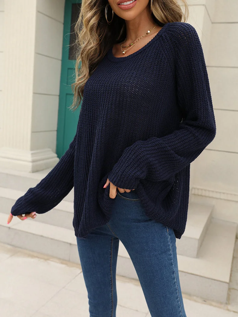 Solid Color Scoop Neck Sweater For Women Elegant Long Sleeve Top