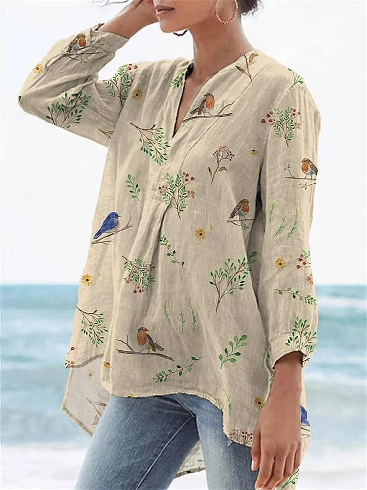 Boughs And Robin Birds Pattern Printed Women's Casual Linen V-Neck Shirt