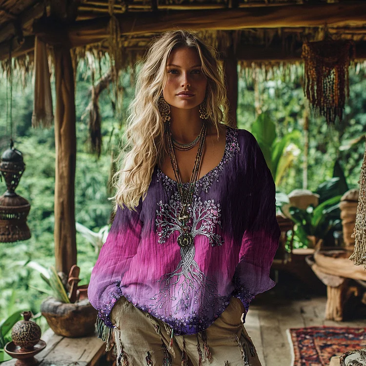 Women's Vintage Viking Tree Of Life Gradient Long Sleeve T-shirt