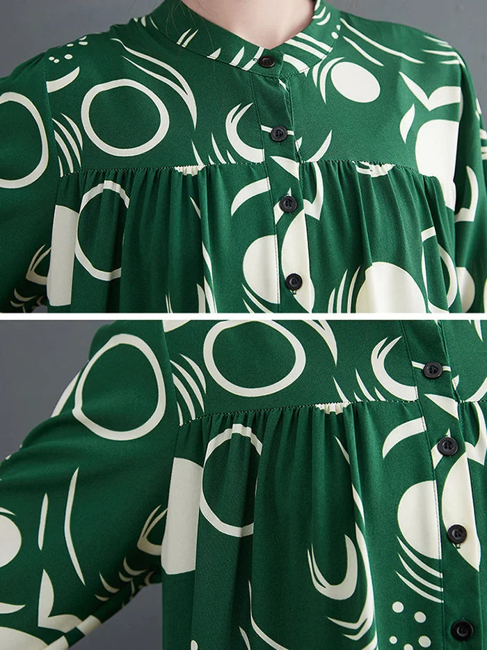 Fashion Button Long Sleeve Print Shirt Dress