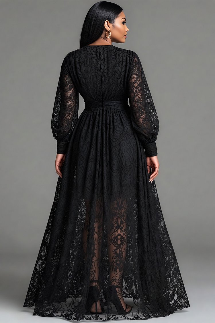 Xpluswear Design Plus Size Wedding Guest Black V Neck Long Sleeve Split Elegant See Through Lace Maxi Dresses [Pre-Order]