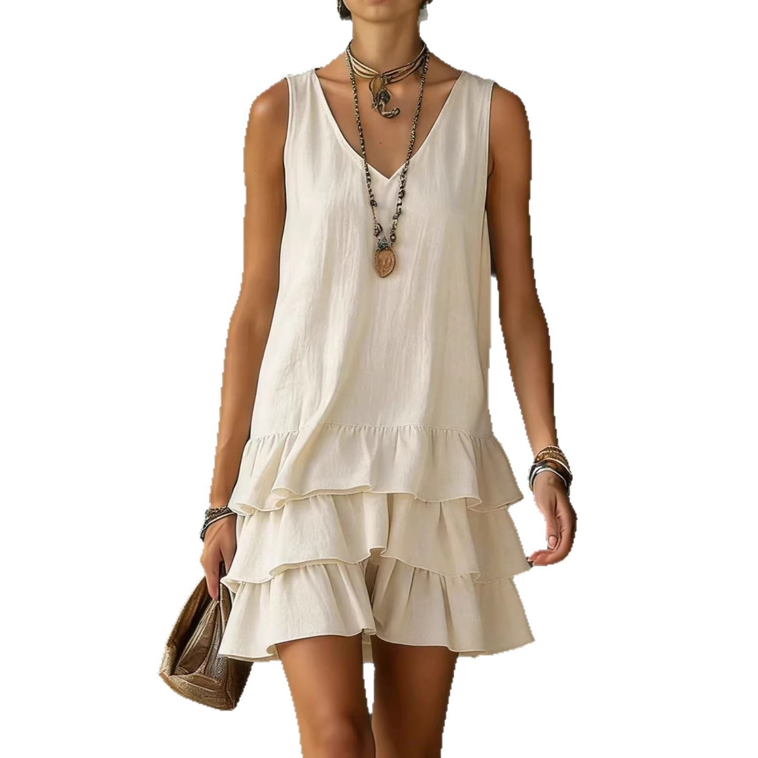 Women&rsquo;s Sleeveless V-Neck Loose Tiered Ruffle Hem Solid Casual Mini Dress