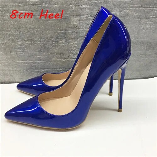 VCshoes Blue Pumps Ladies High Heels Women Shoes Patent Leather PU 10cm 12cm High Female Wedding Party Club Shoes QP020