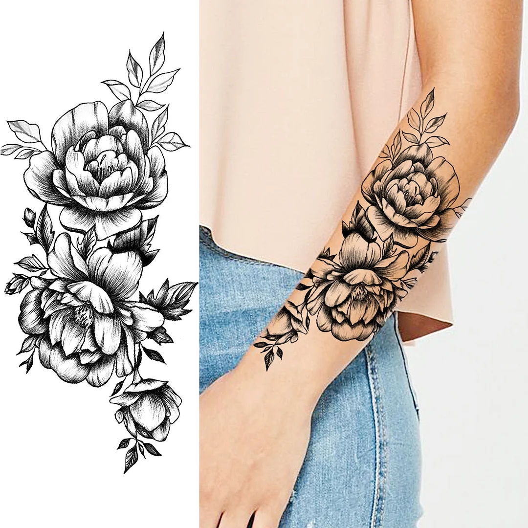 Black Peony Flower Sexy Boobs Temporary Tattoos For Women Adult Girl Rose Lion Moon Fake Tattoo Realistic Body Art Tatoos Paper