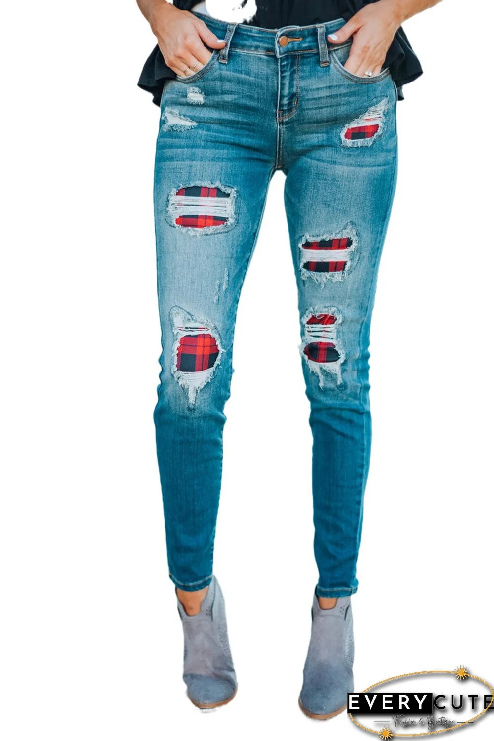 Red Plaid Patch Destroyed Skinny Jeans