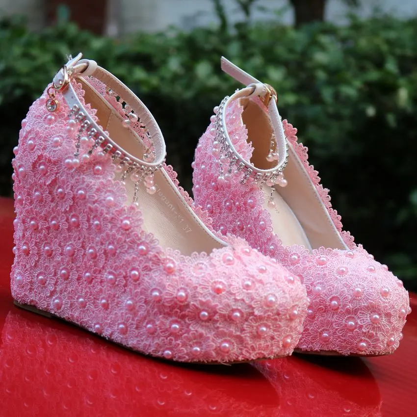 Breakj Breakj Lace Wedding Shoes Slope Heel Single Shoe Buckle With Slope Heel Waterproof Table Large Size Shoes Woman