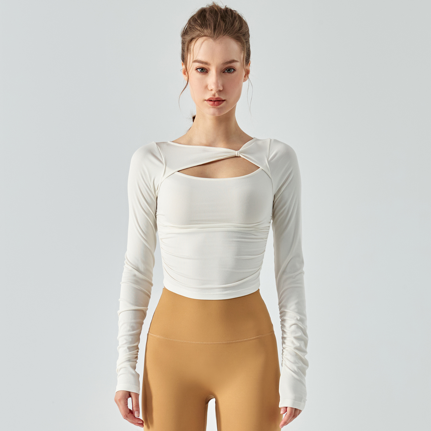 Buy different colors and types of scrunch hollow-out slim fit long sleeve ribbed active running t-shirt on Hergymclothing 