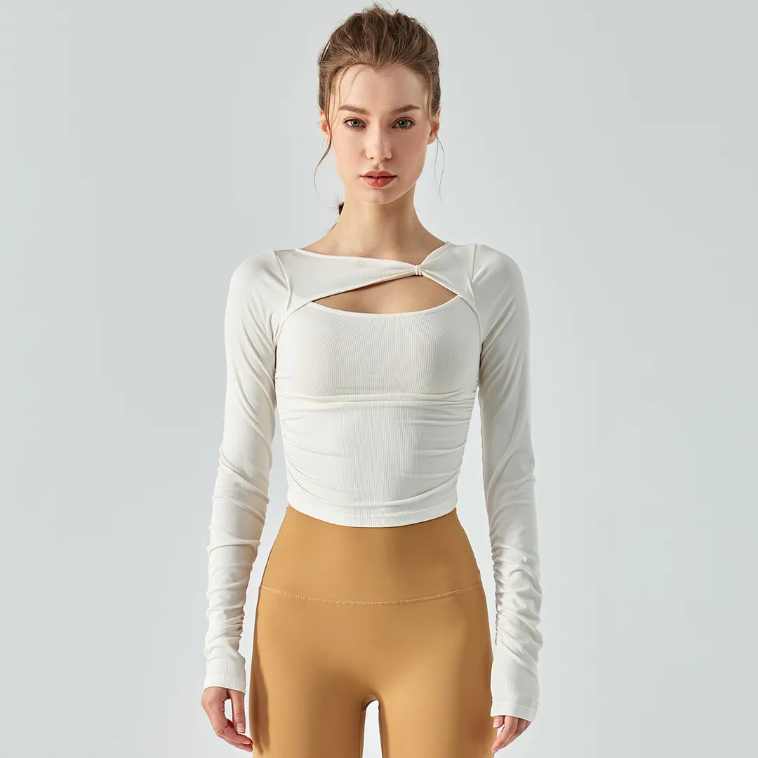 Buy different colors and types of scrunch hollow-out slim fit long sleeve ribbed active running t-shirt on Hergymclothing 