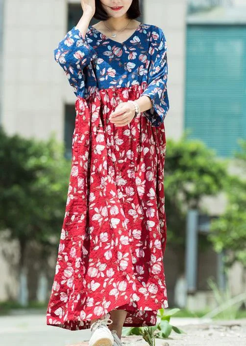 Loose blue red print cotton tunic pattern v neck asymmetric Maxi summer Dresses