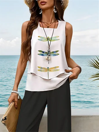 Women's Sleeveless Square Collar Graphic Printed Casual Set