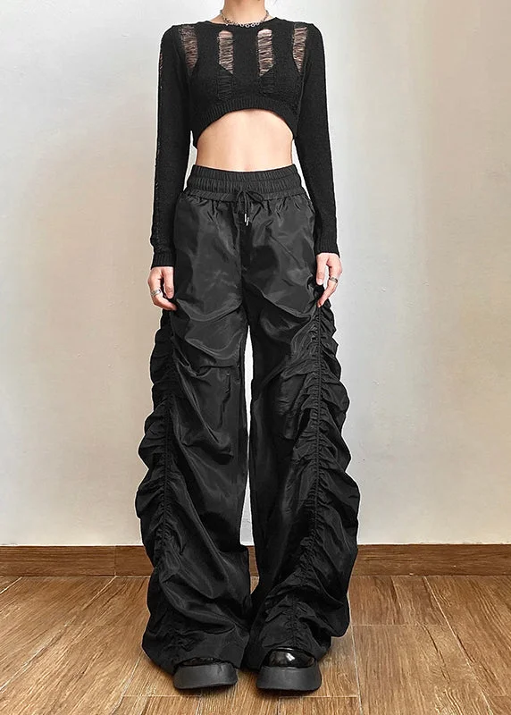 Casual Black Elastic Waist Wrinkled Straight Pants Summer