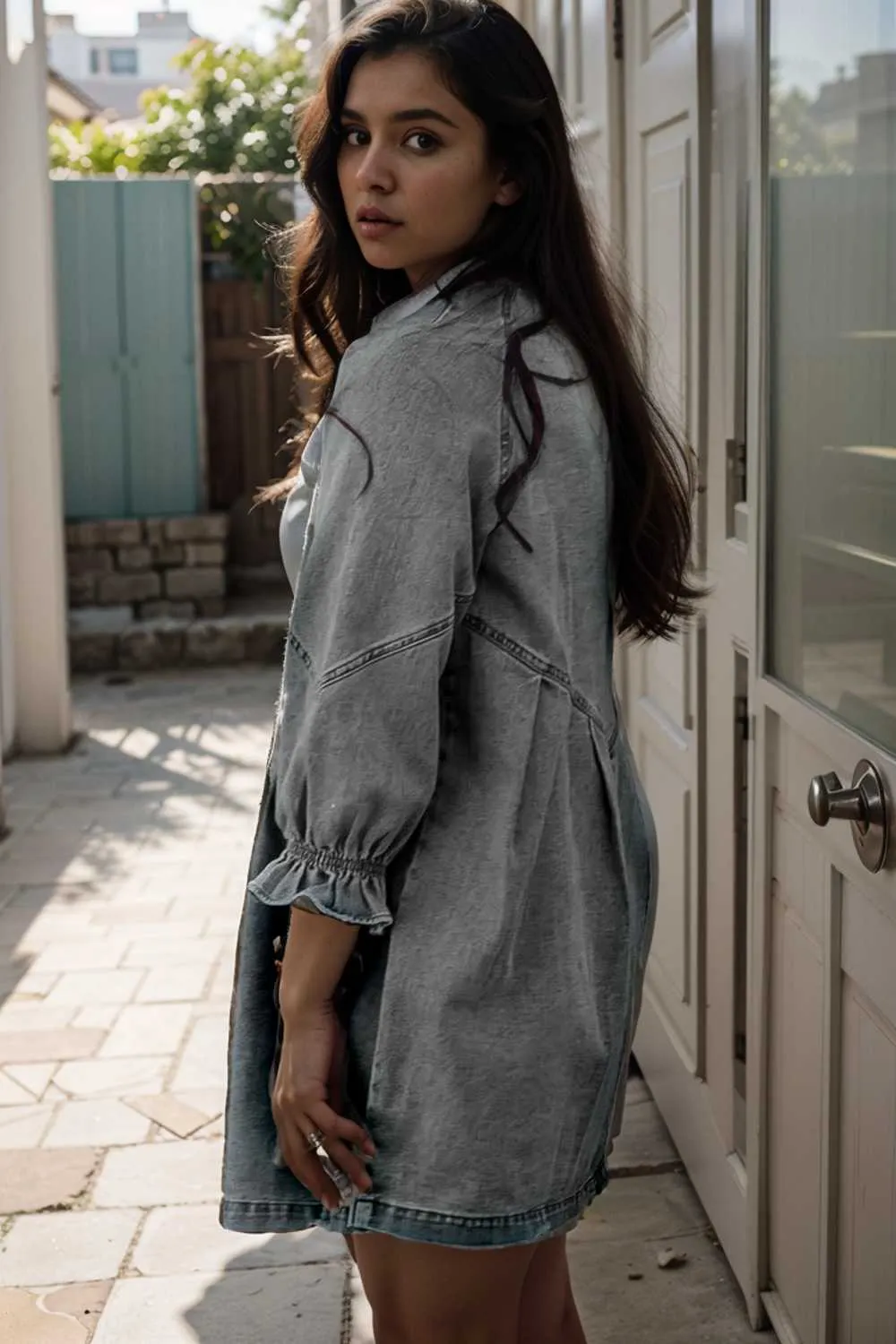 chic gray denim mini dress with button detail
