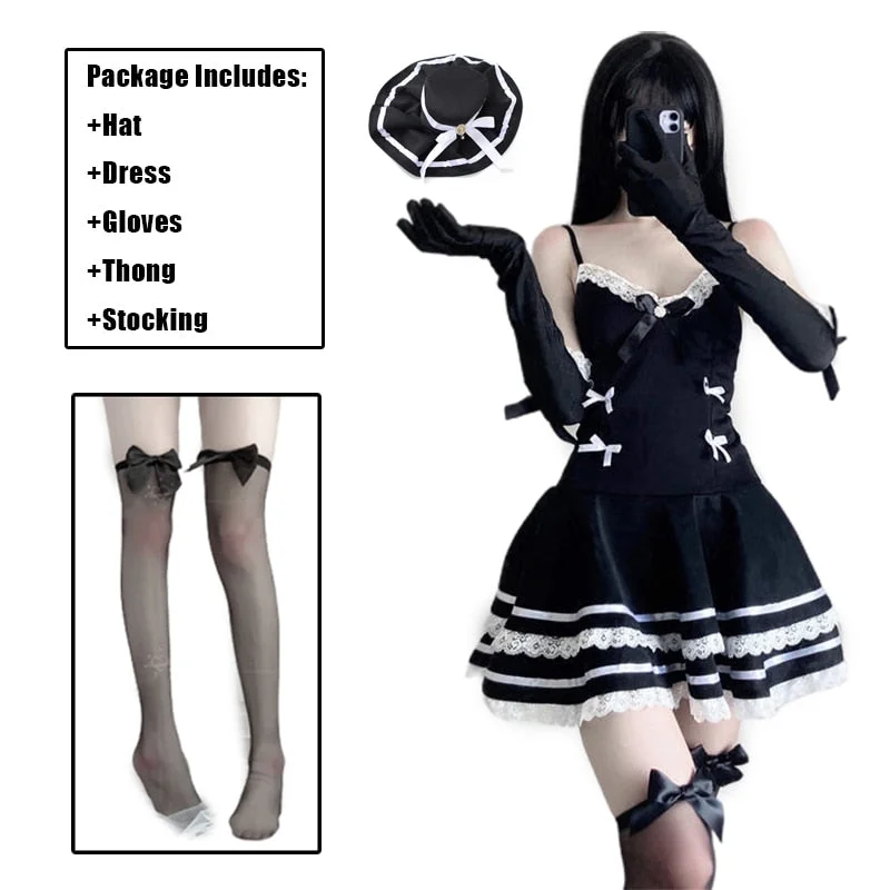 Lolita Sexy Maid Cosplay Costumes Cute Black Dress And Thong Anime Punk School Girl Gothic Outfit For Woman With Hat Gloves New
