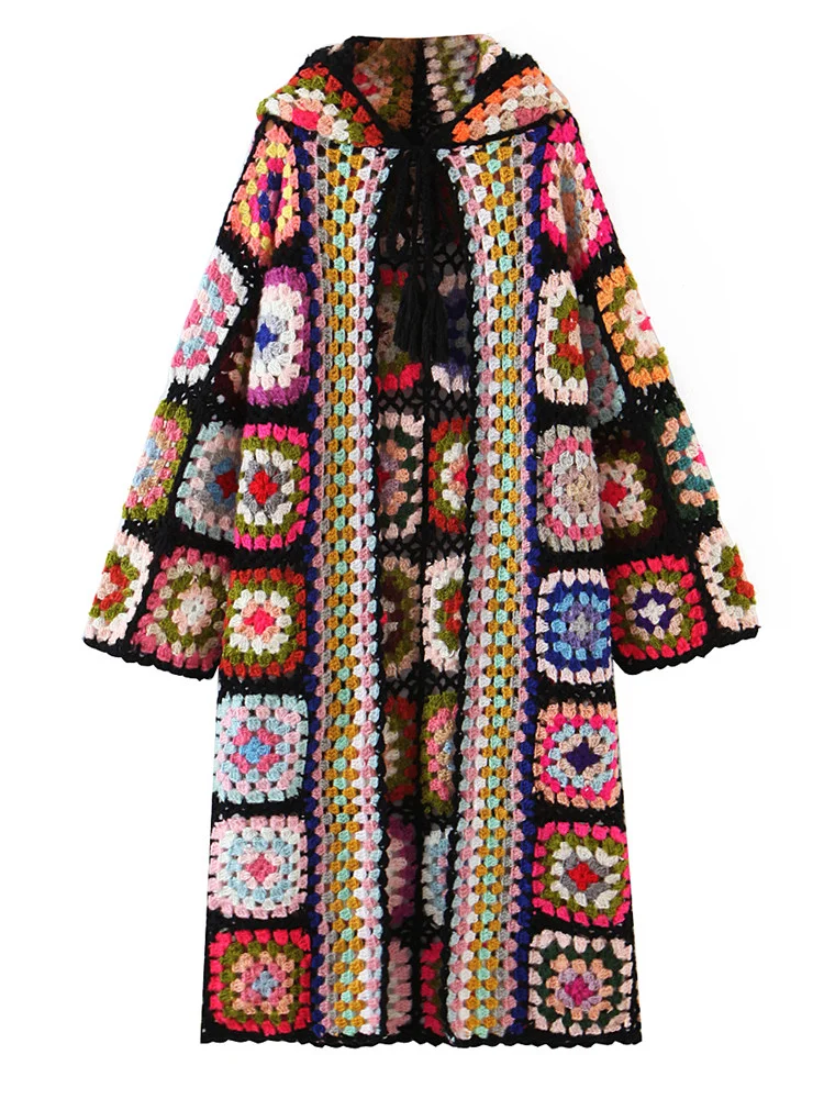 Nncharge Bohemia Colored Plaid Flower Hand Crochet Hooded Cardigan Ethnic Woman Bandage Lacing up Midi Long Sweater Beach Jumper