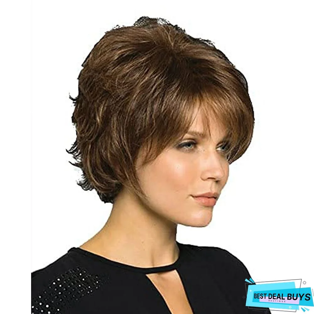 Short Brown Wig with Bangs Natural Hair Replacement Wigs for White Women Heat Resistant Fiber Synthetic Hair Wig for Fancy Dress Up Party or Daily Wear