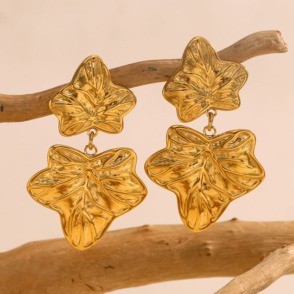 Ins Personality Retro Earrings Stainless Steel 18K Gold Plated Vintage Maple Leaf Texture Pendant Earrings Female