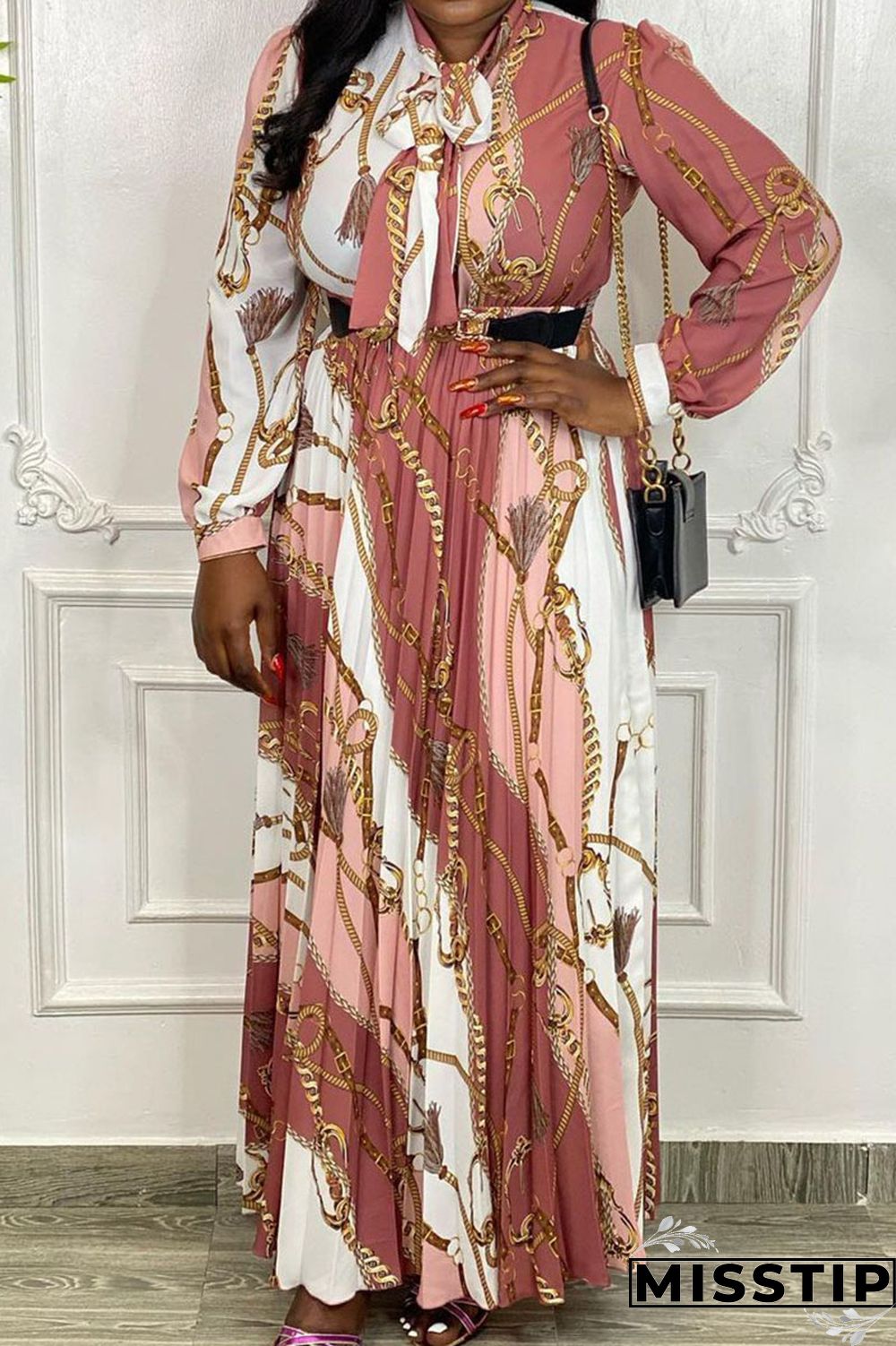 Black Casual Print Patchwork Fold O Neck Straight Dresses