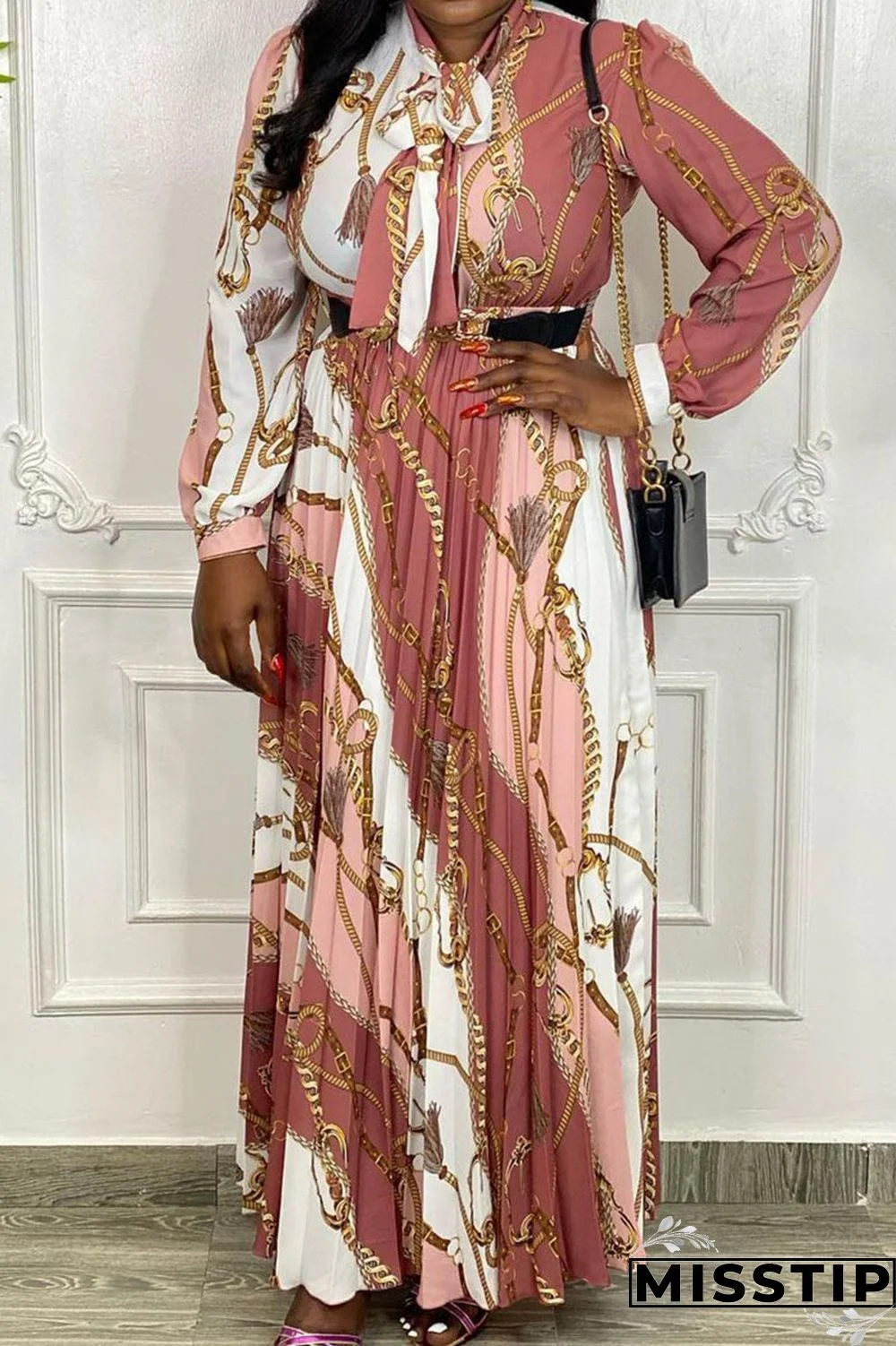 Pink Casual Print Patchwork Fold O Neck Straight Dresses