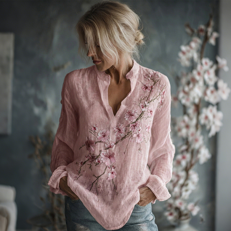 Comstylish Women's Vintage Flowers Embroidered Linen Long Sleeve Shirt