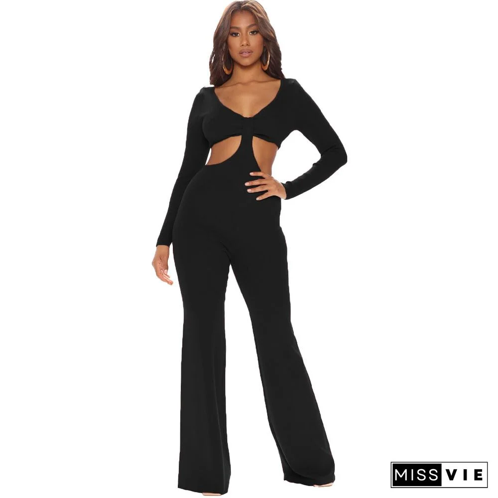 V Neck Long Sleeve Hollow Out Bodycon Jumpsuits