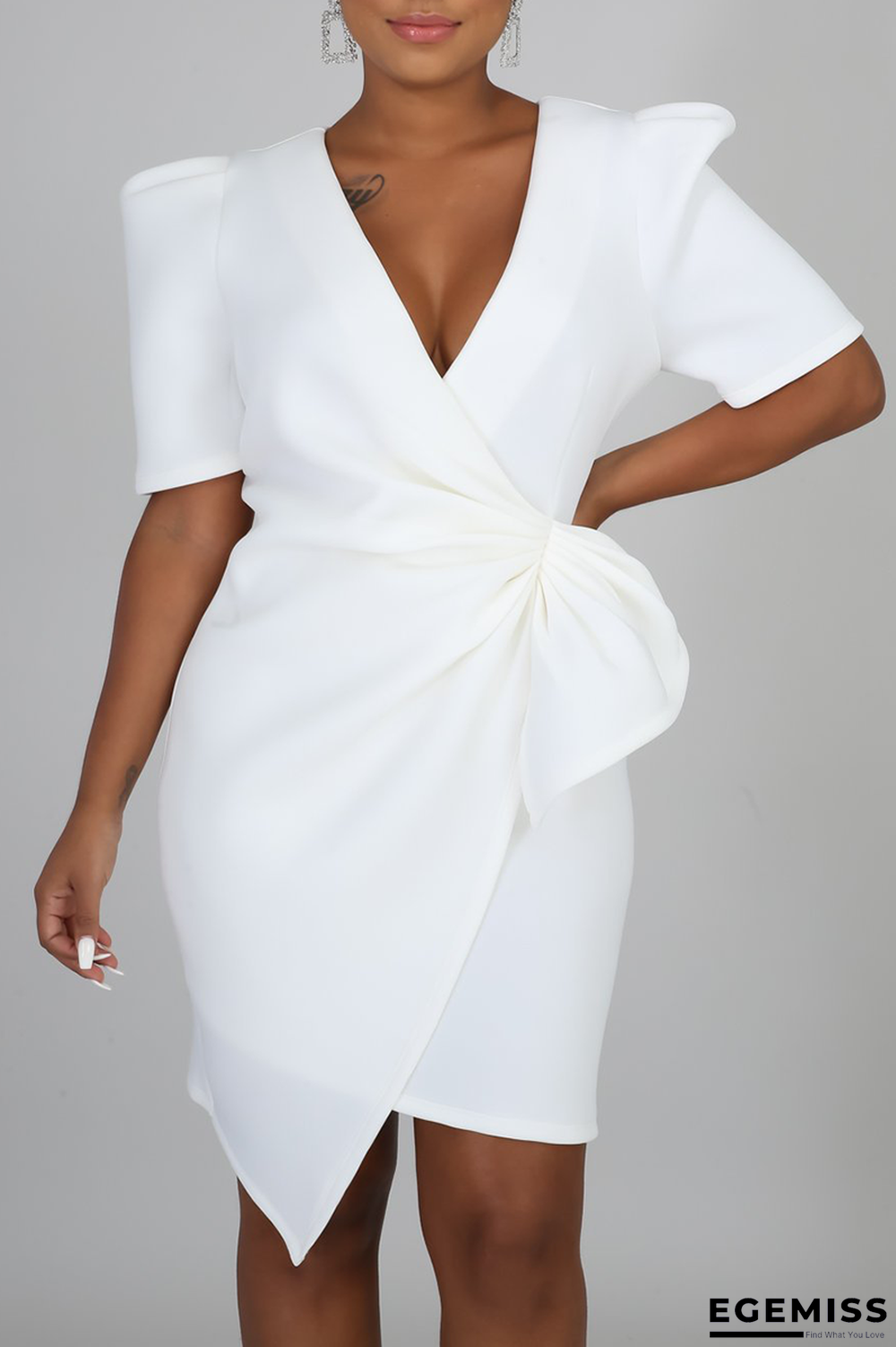 White Casual Solid Patchwork V Neck Irregular Dress Dresses | EGEMISS