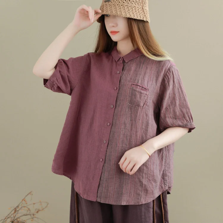 Summer Retro Color Matching Patchwork Linen Blouse