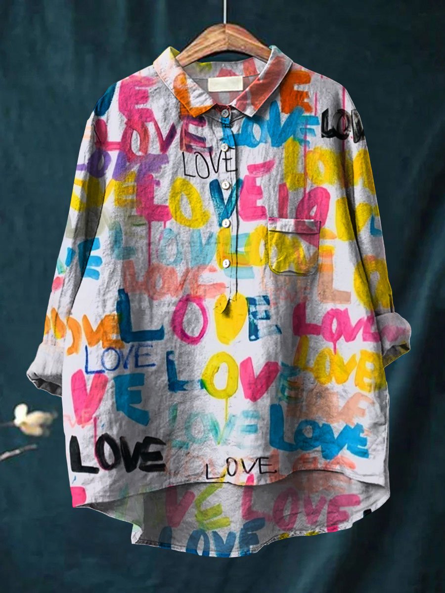Women's Love Art Print Casual Cotton And Linen Shirt
