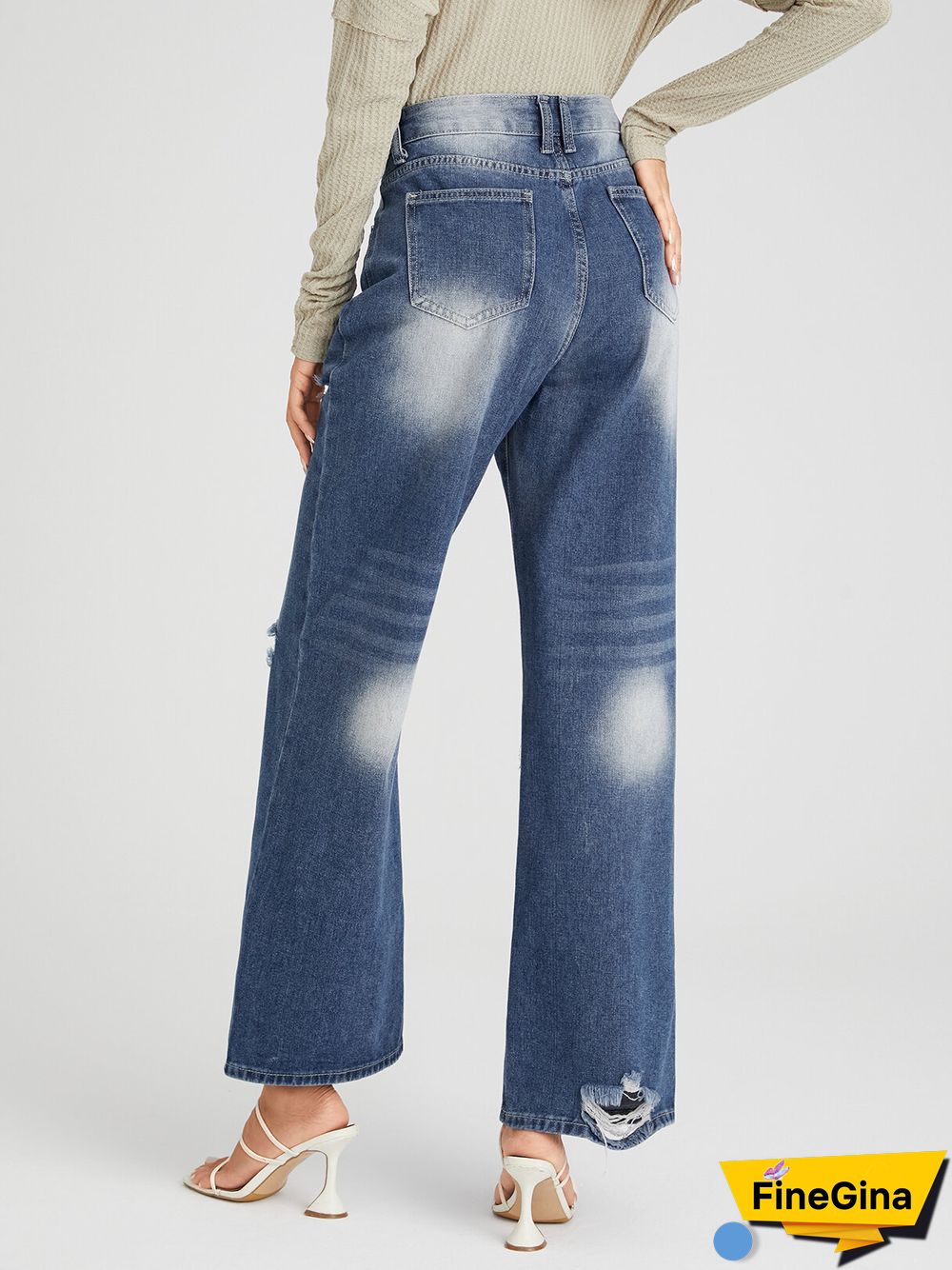 Ripped Faded Effect Washed Zipper Fly Wide Leg Jeans