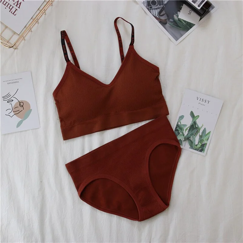 Sexy women's bra underwear set push-ups sports bra set letter transparent strap active bra female underwear set top fitness unde