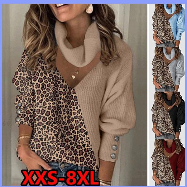 Woman Sweaters Knitted Leopard Patchwork Turtleneck Sweaters Pullover Autumn and Winter Button Long Lantern Sleeve Loose Female Sweaters Plus Size XXS-8XL - Shop Trendy Women's Fashion | TeeYours