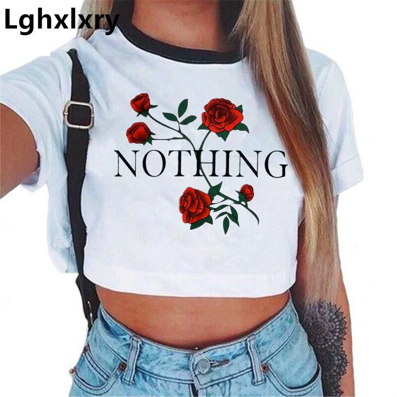 2019 New Crop Top Harajuku Nothing Letter Rose Print Vintage Women T-shirts Casual Tee Tops Summer Autumn Female T Shirt Women