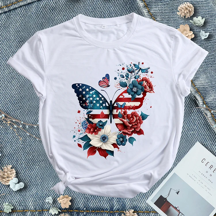 Independence Day Butterfly Flower Round Neck T-shirt - BSP0010-Annaletters