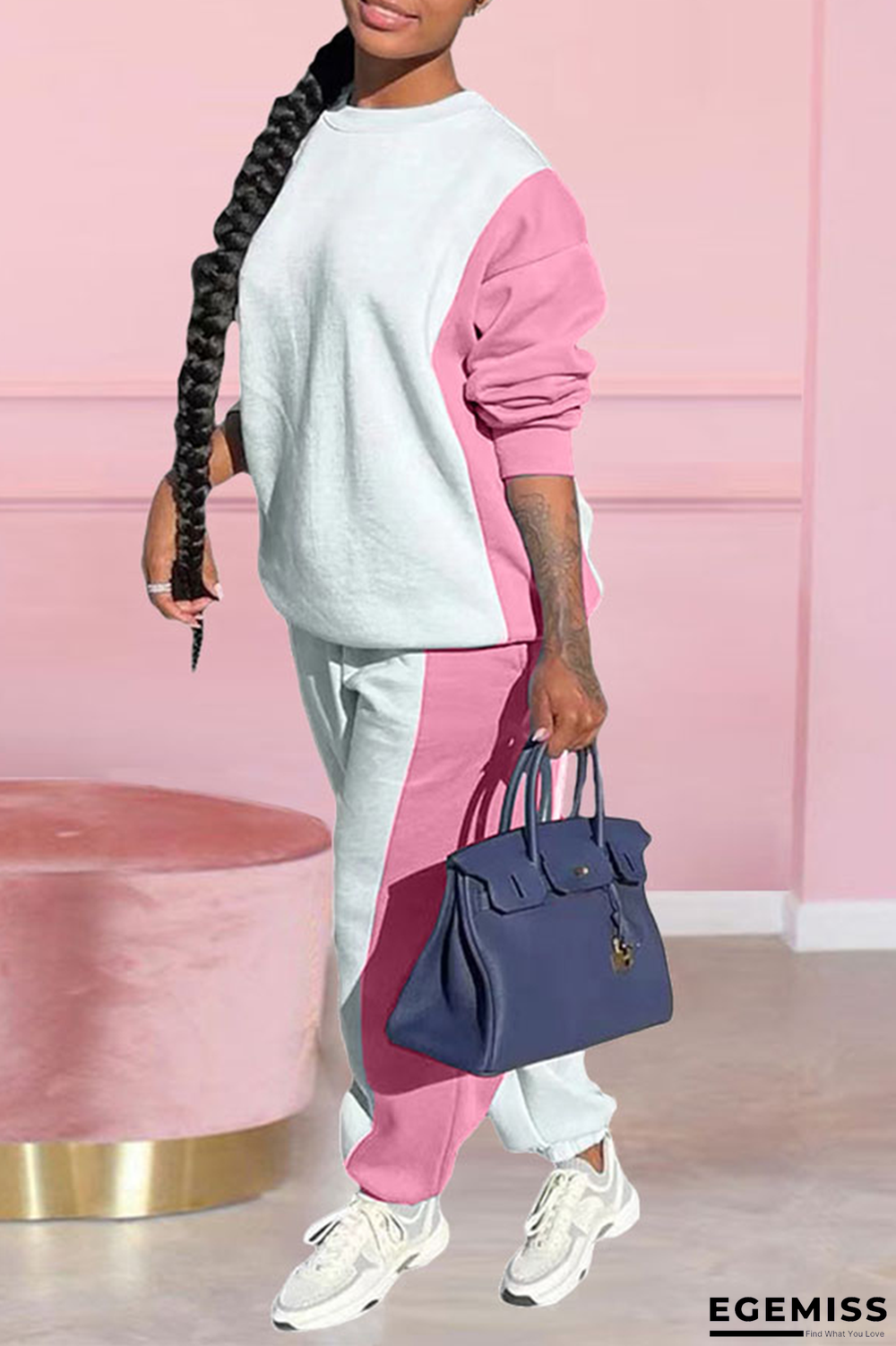 Pink Casual Solid Patchwork O Neck Long Sleeve Two Pieces | EGEMISS