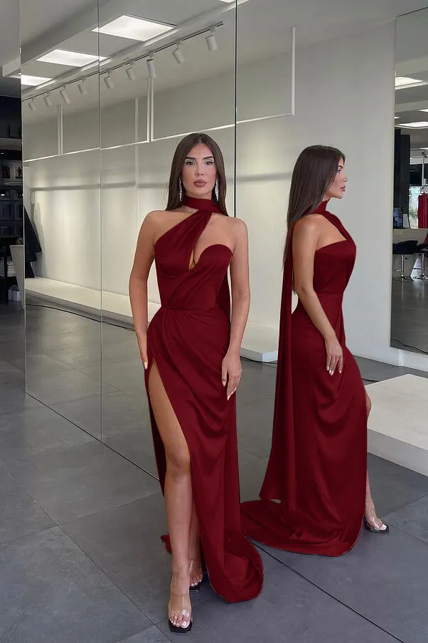strapless open back dress Orange Halter Simple Mermaid Satin Long Prom Dress, PD25863 – JLDressCA main image 1