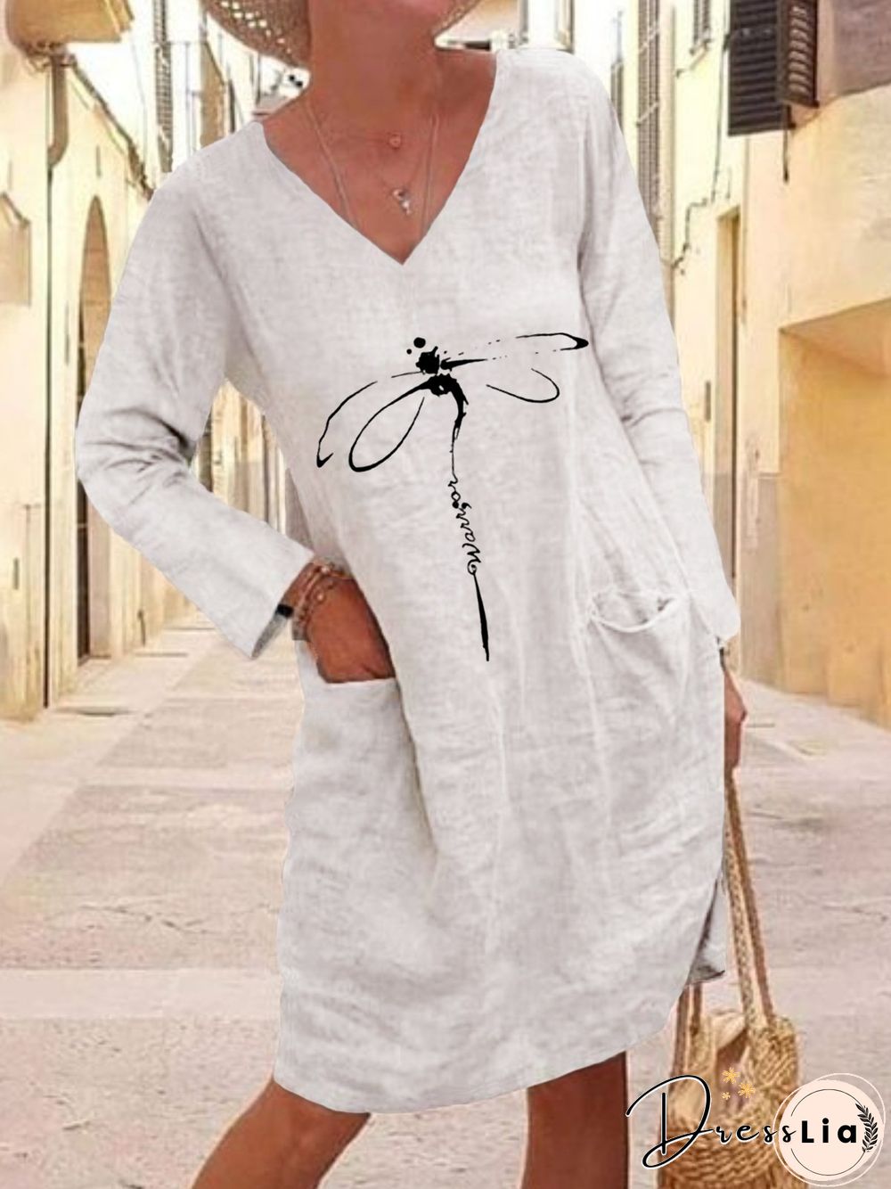 Casual Dragonfly Long Sleeve V Neck Plus Size Printed Dress