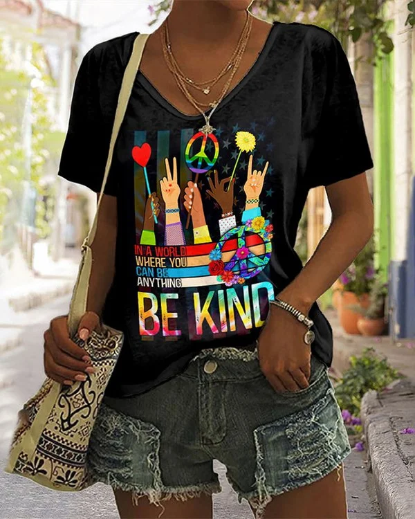 🔥kukelife🔥Hippie Flag Print V-Neck T-Shirt