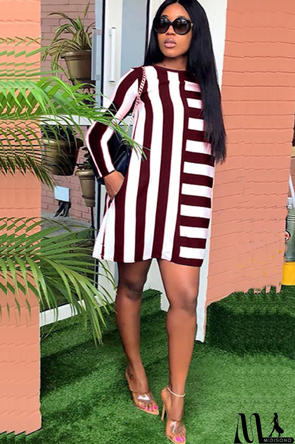 MidiSono - White Acetyl fiber Sweet Cap Sleeve Long Sleeves O neck Swagger Knee-Length Print Striped Patchwork