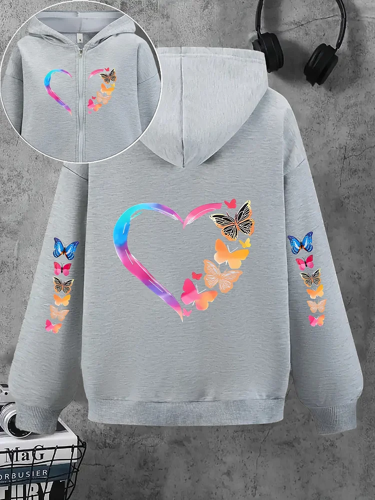 Women's Colorful Butterfly & Heart Print Zipper Hooded Jacket Sweater With Kangaroo Pocket, Long Sleeve Casual Pullover For All Seasons, Allseason Apparel, Machine Washable Fabric, Durable Casualwear