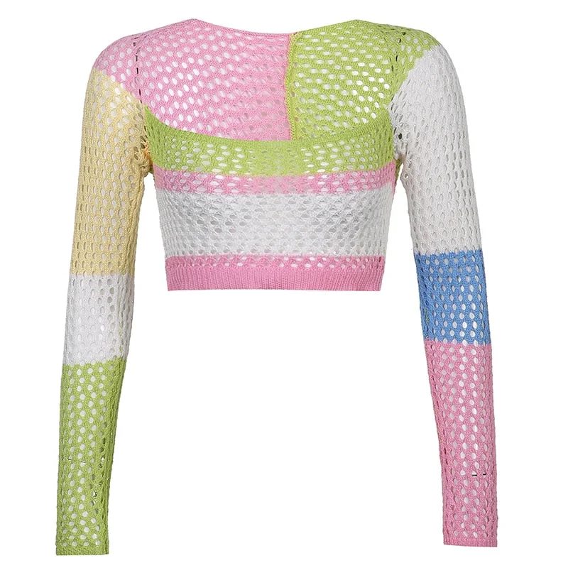 HEYounGIRL Holes Sexy Knitted Cropped T Shirt Women Autumn 2000s Aesthetic Patchwork T-shirt Women Hollow Out Fashion Tshirt