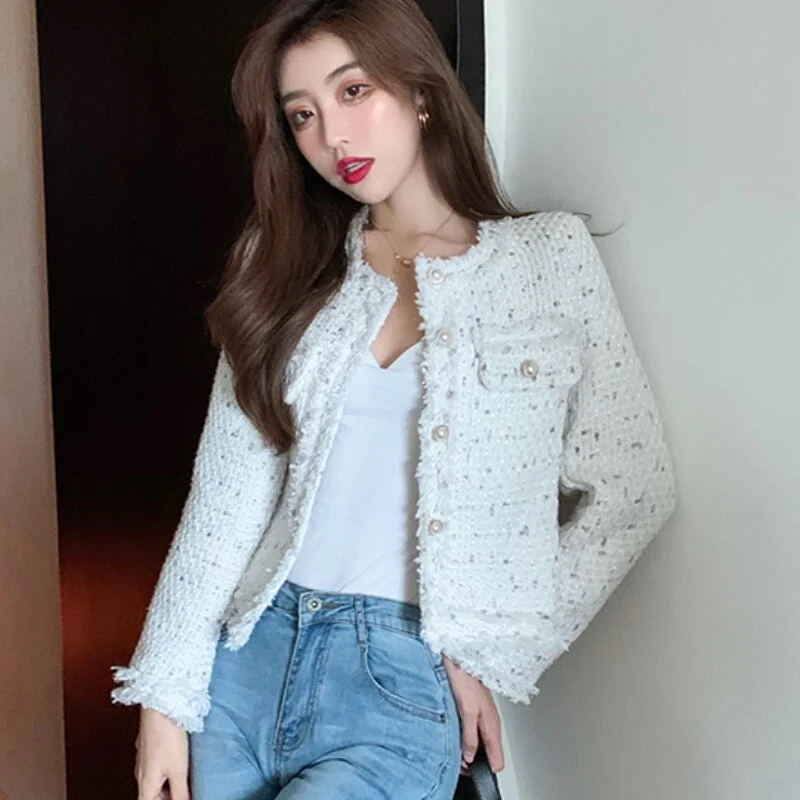 2022 New Autumn women Tweed Jacket high quality Small Fragrance Pearl single breasted Women Korean Short Elegant Coat