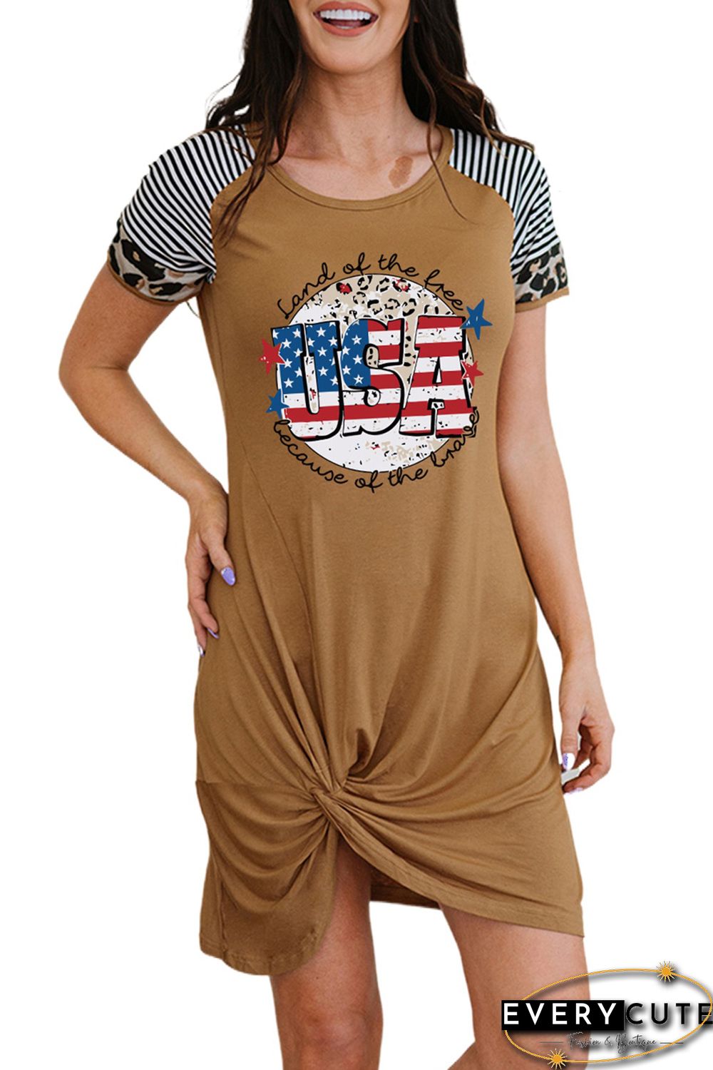Brown USA Flag Day Leopard Striped Sleeve Dress