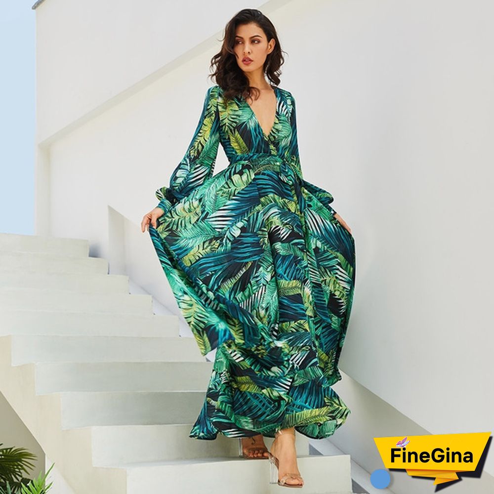 Green Purple Tropical Beach Vintage Maxi Dresses Long Sleeve Dress Boho Casual V Neck Belt Lace Up Tunic Plus Size Dress