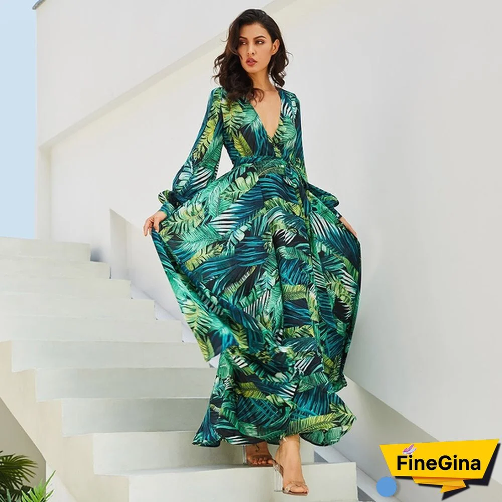 Green Purple Tropical Beach Vintage Maxi Dresses Long Sleeve Dress Boho Casual V Neck Belt Lace Up Tunic Plus Size Dress